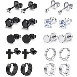 Stud 10 Pairs Stainless Steel CZ Black Silver Earrings Set For Men Women Round Earring Ear Piercing Jewelry Hoop Moni22