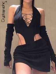 Cryptographic Bandage Lace Up Sexy Top and Skirt 2 Piece Sets Outfits for Women Summer Halter Backless Co-ord Sets Party Club T220729