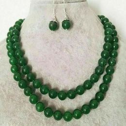 Natural 10mm Green Jade Round Gemstone Beads Necklace 36" Earring Set