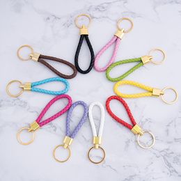 FedEx/DHL/UPS Ship Creative Handmade Golden Rope Leather Keychain Men Women Car Bag Key Ring Pendants 14 Colors Jewely Key Chain Pendant Accessories