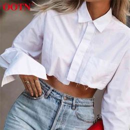 OOTN White Sexy Crop Top Long Sleeve Women Blouse Shirt Cotton Solid Asymmetrical Hem Casual Top Female Blouse Button Bown 210326