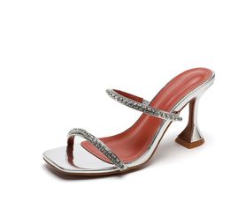 Women Summer Slippers Stylish comfortable lady Wine Glass thin heel Word band rhinestone square toe simplicity female non slip versatile sandals G72922