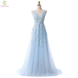SSYFashion Sell Sweet Light Blue Lace V-neck Lacing Long Evening Dress The Bride Party Sexy Backless Prom Dresses Custom 220510