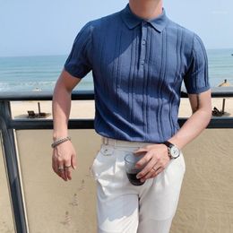 Summer Man Ice Silk Short Sleeve 5 Solid Shirt Men British Slim Lapel Knitted Casual Stripe Camisa Hombre Men's Polos