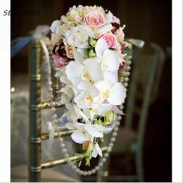 Wedding Flowers Waterfall Bridal Bouquets Pink White Artificial Accessories