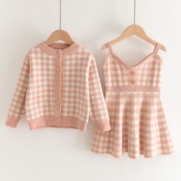 2pcs Children Clothing Sets Skirts Knitted Plaid Inner Suspender Skirt Sweater Jacket Girl Kids Clothes Suit 50de T2