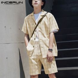 Men Plaid Sets Breathable Streetwear Lapel Short Sleeve Shirt Elastic Waist Shorts Casual Mens Suits 2 Pieces INCERUN 5XL 220602