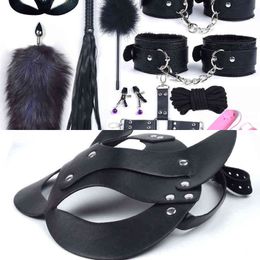 Nxy Bondage 40cm Long Tail Anal Plug Bdsm Sex Adult Toys for Women Handcuffs Whip Leather Cat Mask Adults Games 220421