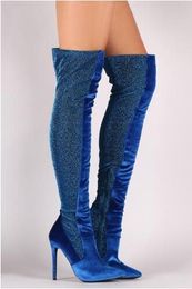 Winter Fashion Women Blue Velvet Pointed Toe Patchwork Over The Knee Boots Suede Thin High Heel Zipper Side Thigh Dance Boots