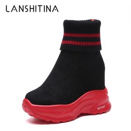 Winter Platform Women Ankle Boots Female Non Slip Sneakers Shoe 10CM Wedge Heels Sock Boots Autumn Flock Short Boots Woman 201103