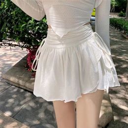 Houzhou Sexy Cute White Mini Skirt Women Drawstring Folds High Waist Irregular Ruffle Patchwork Fairycore Short Skirts Mori Girl 220701