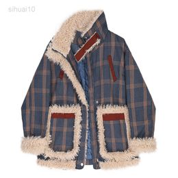 Plaid Coat Women Autumn Winter New Korean Version Of Imitation Lamb Hair Contrast Stitching Padded Warm Casual All-Match Jacket L220725