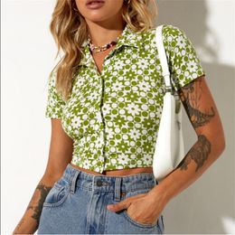 Women's Blouses & Shirts Women's Summer Button Down Crop Tops Office Lady Sexy Short Sleeve Floral/Cherry/Stripes Print Lapel ShirtsWome