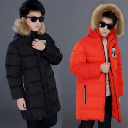 4-14y teens for boys Overcoat thick warm fur collar long boy's clothes kids hooded jacket cotton coat LJ201125