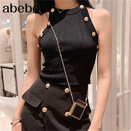 High Quality Summer Hollow Out Womens Tank Tops Thin Knitted Sleeveless Sexy Tops Golden Buttons Camisole Women Clothes 220407