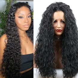 Black Color Curly Synthetic Lace Front Wig 180% Heavy Density Heat Resistant Fiber Long Curly Headband Wigs Daily Wear