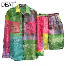 DEAT 2020 turn down collar full sleeves contrast Colours printed Colourful shirt and wide elastic short two pieces set LJ201117