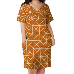 Plus Size Dresses Nordic Pattern Orange Dress V Neck Stripe Lines Print Aesthetic Summer Pretty Casual Women VestidosPlus