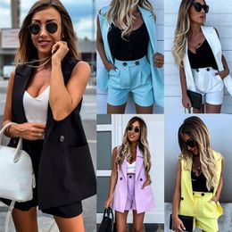 Women Two-Piece Suit Vest Coat And Shorts Suit Solid Colour Waistcoat Single Button Yellow Sleeveless Blazers With Shorts D30 210302