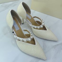 Popular White Baotou Commuter Wedding Shoes Banquet Wedding Dresses Handmade Sticky Pearls Decoration Noble Elegant Princess Famous Designer High Heels