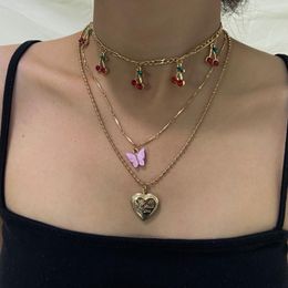 Pendant Necklaces 3PCS Cherry Butterfly Heart Metal Set For Women Egirl Gold Colour Choker Unusual Necklace 2022 Trend Jewellery