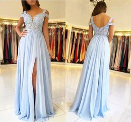 Sky Blue Evening Dresses 2022 Long Side Split Off Shoulder Lace Appliques Prom Party Gowns