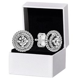 NEW Sparkling Double Halo Stud Earrings Original box for Pandora 925 Sterling Silver Women Wedding gift CZ diamond Earring