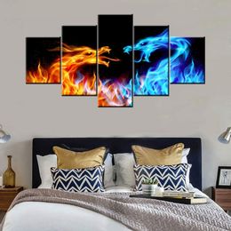 Dragon Abstract Animal Blue and Red Fire 5 piece Canvas Picture Print Wall Art Canvas Painting Wall Decor for Living Room