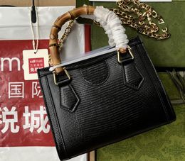 Realfine Bags 5A 675800 20cm Diana Small Tote Black Lizard Handbag Shoulder Purses For Women with Dust bag