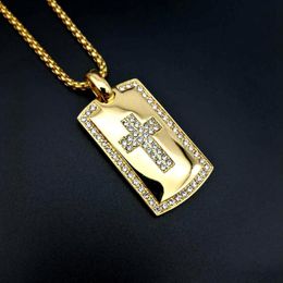 Pendant Necklaces Hip Hop Rock Iced Out Rhinestones Bling Gold Color Stainless Steel Cross Square Necklace Dog Tag For Men Rapper JewerlyPen