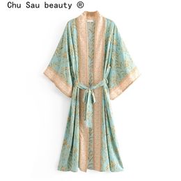 New Hot Selling Vintage Boho Floral Print Long Kimono Cardigan Summer Tops Belted Beachwear Vestido Blusas Mujer 210412