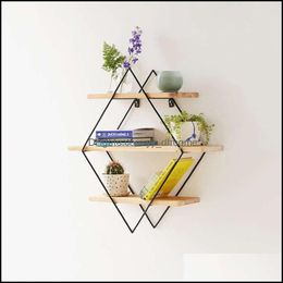 Other Home Decor Garden Wrought Iron Rhomboid Storage Rack Wooden Hanging Shelf Wall-Mounted Organizer For Bedroom Living Room Drop Delive