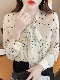 Women's Blouses & Shirts Women Spring Autumn Style Chiffon Tops Lady Casual Long Sleeve Bow Tie Collar Stars Printed Blusas DF4401Women's