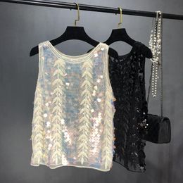 chiffon sequin top Canada - Women's Blouses & Shirts High-End Chiffon Beaded Sleeveless Women Tank Loose Sequins Embroidery Shiny Sexy Camisole Summer Top Black Apricot