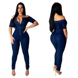 Women's Jumpsuits & Rompers Ly Sexy Women Slash Neck Short Sleeve Bodycon Denim Jumpsuit Elegant One Piece Straight Casual Jeans JumpsuitWom
