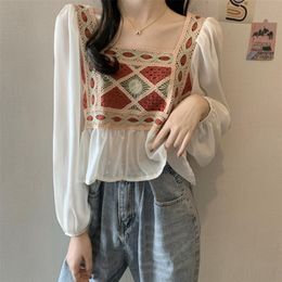 autumn retro wild loose wild square neck crochet stitching long sleeve shirt female JXMYY 210412