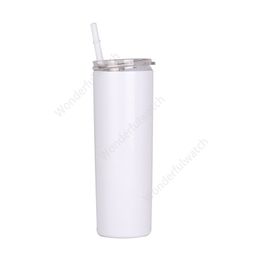 20oz White Sublimation Straight Tumbler Blanks Double 304 Mug with Plastic Straw Stainless Steel Vacuum Cup Water Bottle Sea Shipping 200lots DAW471