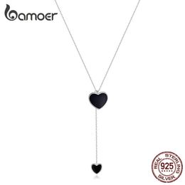 Double Heart Necklace for Women Simple Black Enamel Y-shape Chain Necklaces 925 Femme Sterling Silver Jewelry BSN095 220209