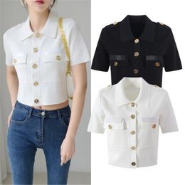 Fashion Lapel Short Sleeved Tops Tees Women's Clothing Summer New Metal Buckle Letter Embroidery Knits Tee