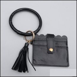 Key Rings Jewelry Leopard Pu Leather Chain Bracelet For Women Plaid Wallet Round Tassel Pendant Keyring Wristbands Coin Purse Keyc Dhsi4