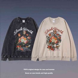 Tkpa American Street Flower Print Round Neck Sweater for Men and Women