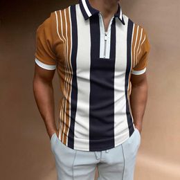 Men's Polos Men's Striped Shirt Casual Summer Street Print Brand Short Sleeve Zipper T-Shirt ClothingMen's Men'sMen's