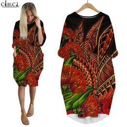 Women Dress Polynesian 3D Pattern Hawaii Loose Daughter Skirt Long Sleeve Streetwear Pocket Female Casual Dresses W220616