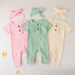 2022 Summer Infants Rompers 3 Macaron Colour Pink Beige Green Baby Bodysuit With Super Cute Bow Headband Sweet Girls Short-sleeved Onesies Pure Colours