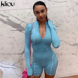 Kliou women fashion playsuit full sleeve zipper fly reflective striped patchwork rompers female elastic skinny bodysuits T200113