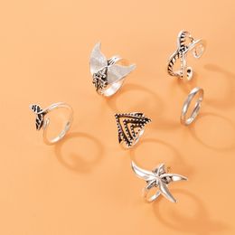 Vintage Silver Color Fish Tail Star Fish Joint Ring Sets for Women Hollow Geoemtry Alloy Metal Jewelry 6pcs/sets