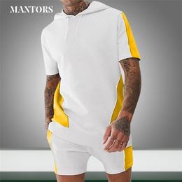 Mens Sets Casual Slim Fit Splice Summer New Male Outfit Sport Set Sweatsuits Shorts 2 Piece Hooded Clothing Mens Short Tracksuit LJ201125