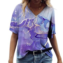 Womens Daily Summer Print V Neck Blouse Short Sleeve Workout Shirts Casual Loose Oil Painting Print Fashion Casual Loose Tops L220705