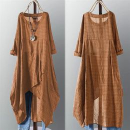 ZANZEA Asymmetrical Midi Dress Womens Check Female Long Sleeve Plaid Vestidos Summer Sundress Casual Shirt Robe 220521