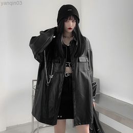 Japanese Harajuku Style Casual Loose Metal Chain Decoration Leather Shirt Plus Velvet Street Jacket Ins Trend Top Leather Jacket L220801